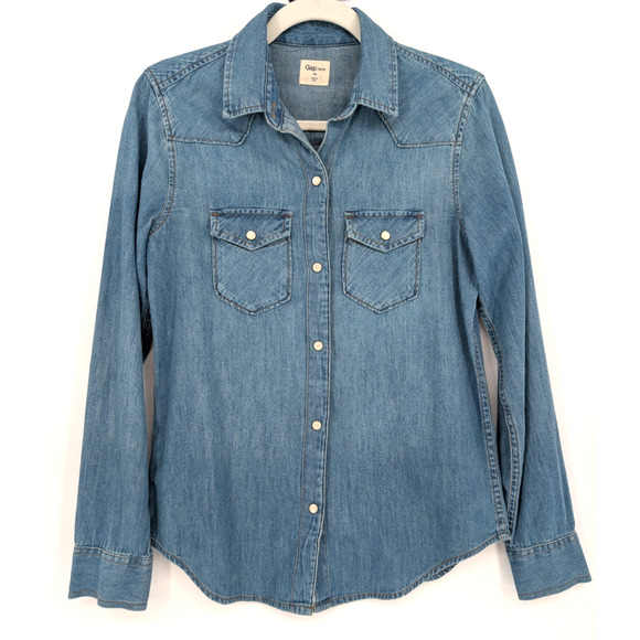 Gap Womens Pearl Snap Western Denim Shirt 100% Cotton XS Classic Cowgirl Boho - Picture 2 of 7